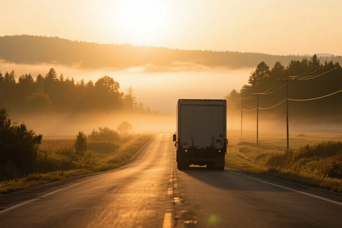加拿大乡间公路上行驶的货车，日出光影，宁静而辽阔